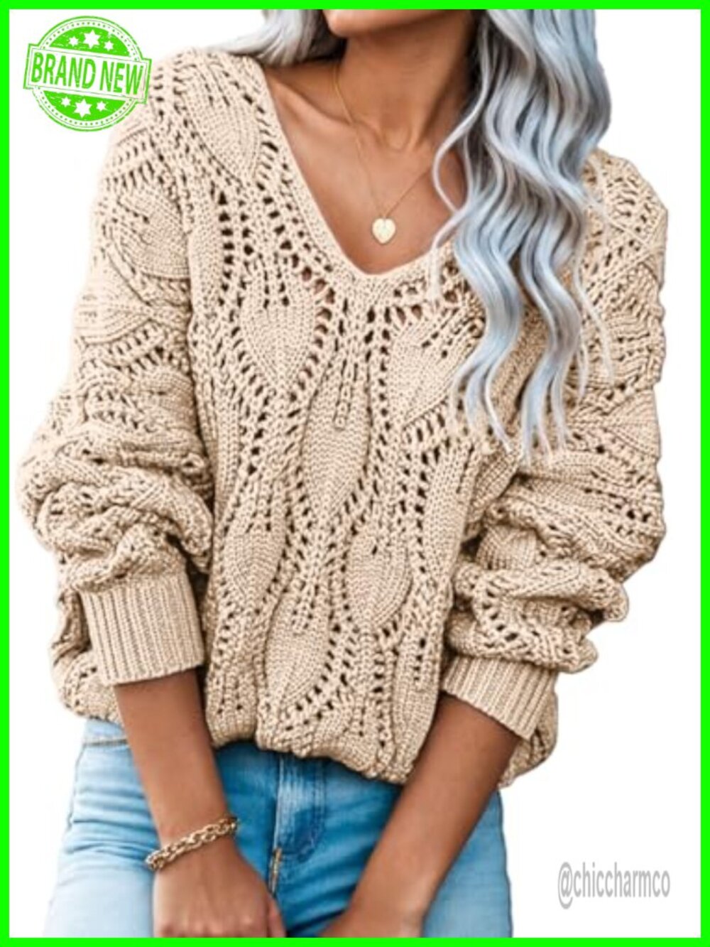 Dokotoo Women's V Neck Crochet Hollow Out Pullover Sweater Long Sleeve
